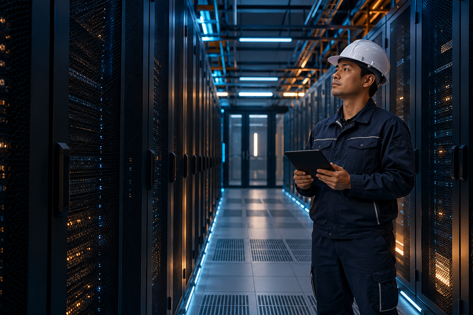 Electrical professional in a data center / Profesional eléctrico en un centro de datos